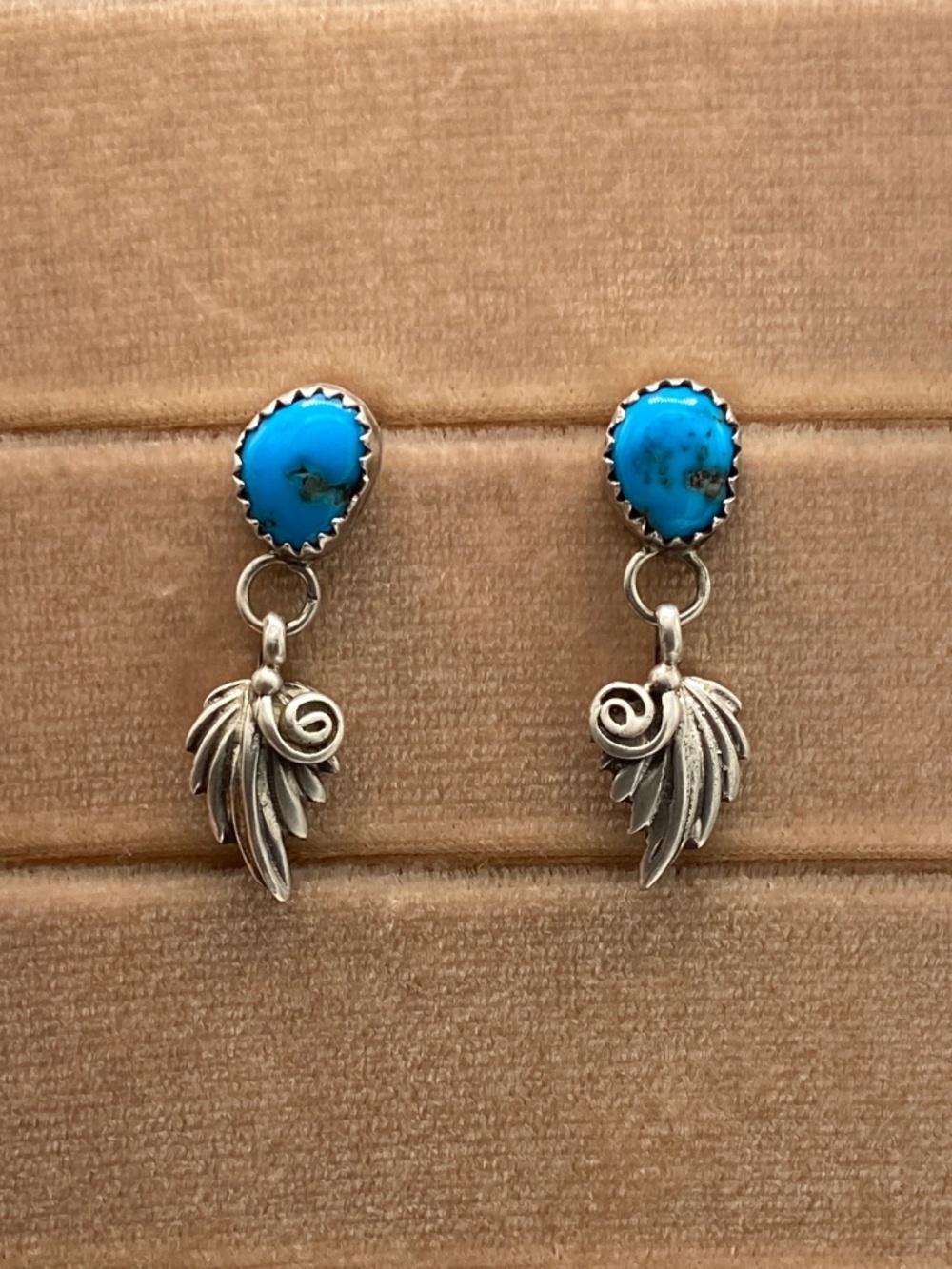 Vintage 925 Sterling Silver Genuine Turquoise Feather Dangle Earrings Southweste